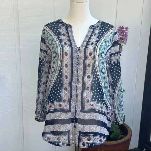 Lucky Brand Boho Chic Mixed Print Blue Paisley Button Flowy Chiffon Blouse / S - Picture 1 of 9